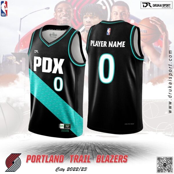 Áo Bóng Rổ NBA Portland Trail Blazers 2022-23 City Màu Đen Phối Xanh Real Đẹp Nhất